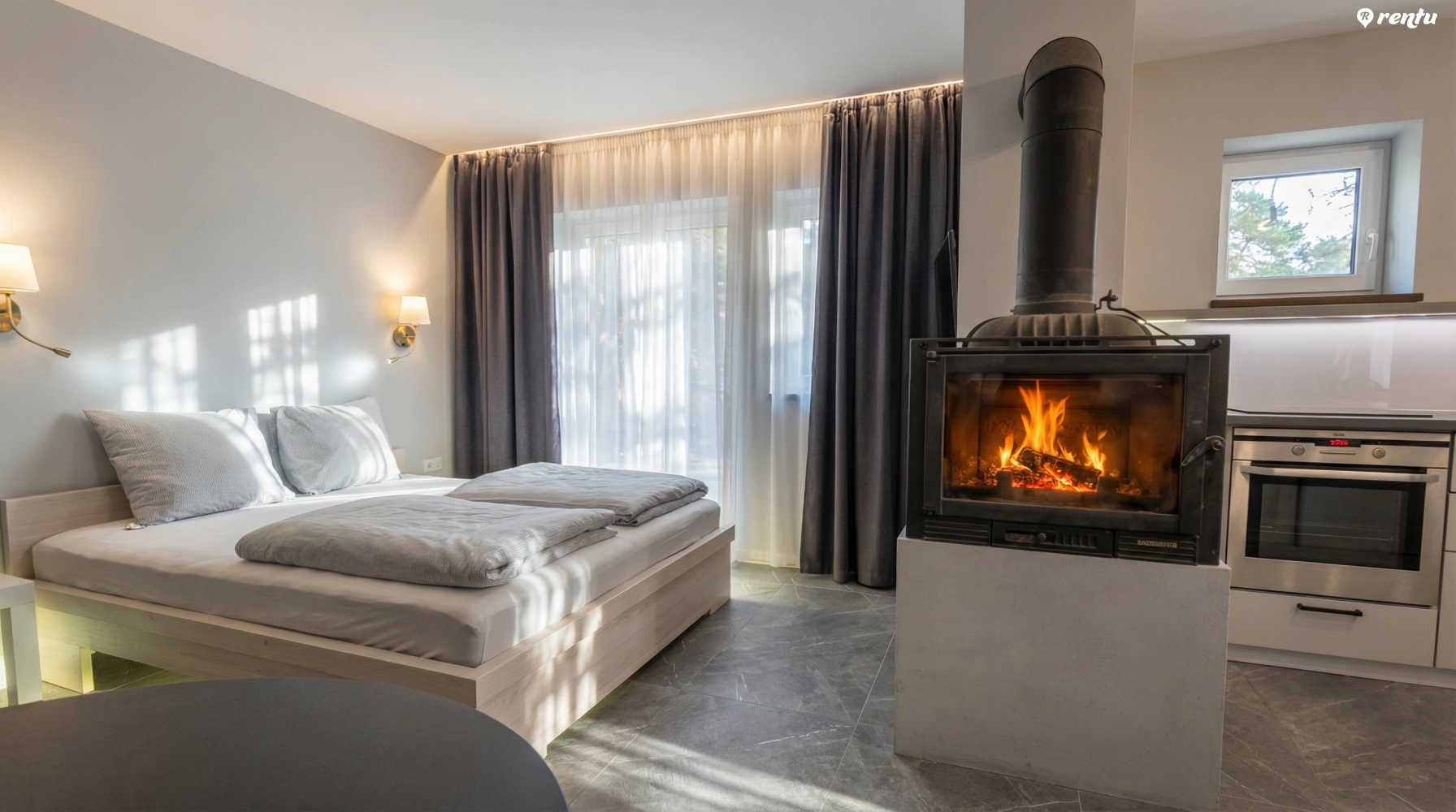 Gray apartment with a fireplace